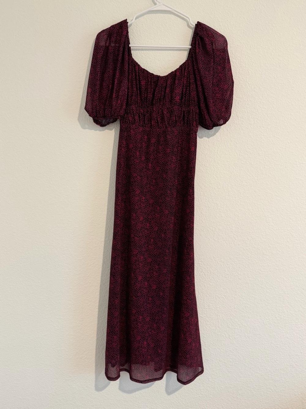 4SI3NNA Romantic Burgundy Puff Sleeve Midi Dress Medium